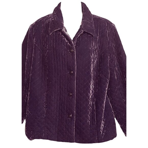 Vintage Womens Quilted Velour Jacket 18W Purple Button Front Lined - Picture 1 of 5
